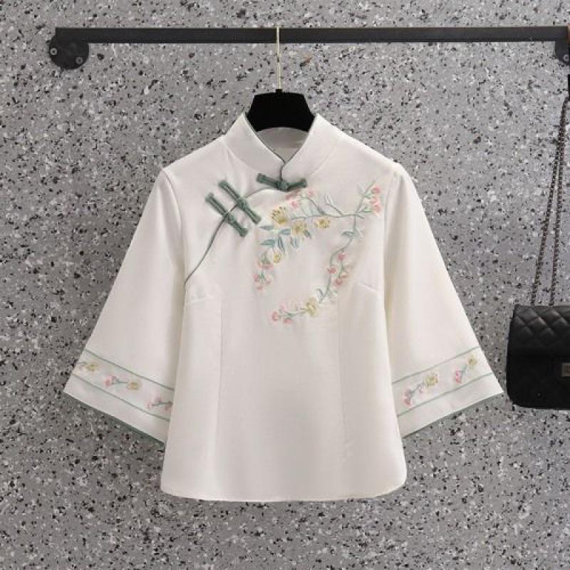 Весенний республиканский женский ханьфу для чайной церемонии: Костюм Танг Приталенный Вышитый Ципао Комплект из двух предметов