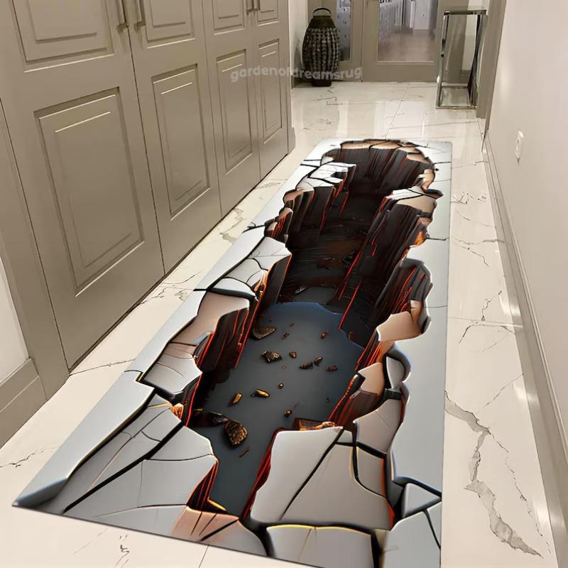 3D Stone Crack Gorge Hallway 3D Runner Rug Realistic Deep Valley Illusion Floormat Ideal for Corridor Decor