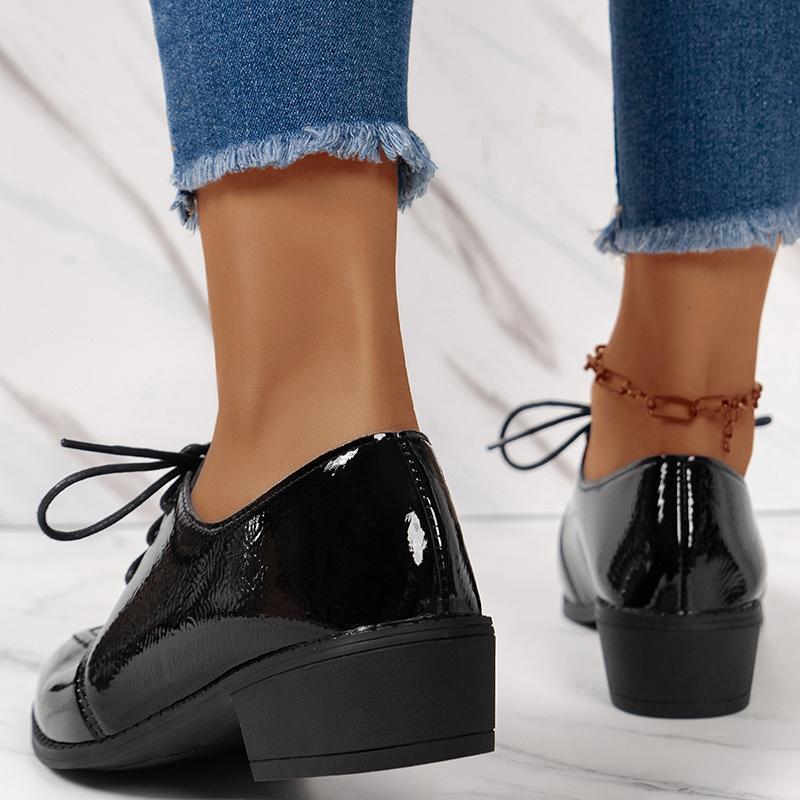 Black Patent Leather Shoes for Women Autumn Pointed Toe Lace Up Dress Shoes Woman Shallow Mouth Low Heels Loafers Plus Size