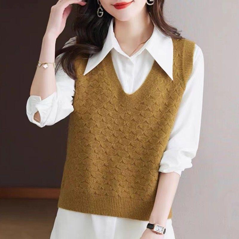 Женский свитер-жилет свободного кроя, повседневный вязаный жилет, свитер с круглым вырезом, женские топы-жилеты