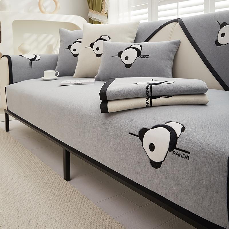Panda Embroidery Sofa Cover for Living Room Sofa Towel Mat Non-slip Couch Cover Black Edge Sofa Towel Seat Pad Home Protection