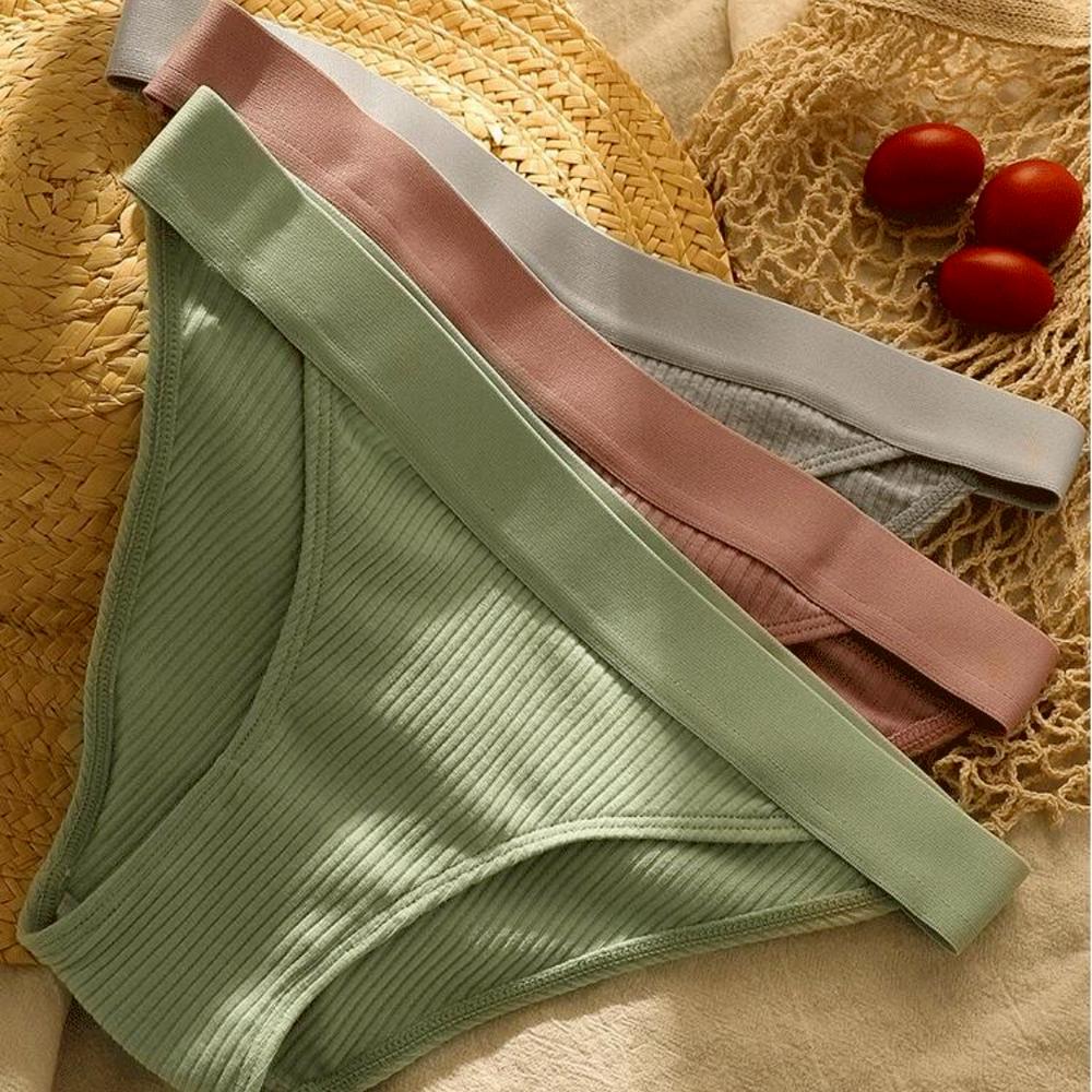 Women Cotton Panties Solid Color Briefs Ladies Breathable Comfortable Striped Underwear