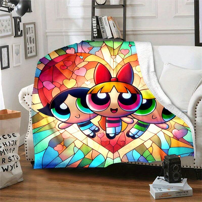 1pcPowerpuff Stained Glass Design Soft Comfortable Blanket - Perfect for Home Decor, All Seasons, and a Thoughtful