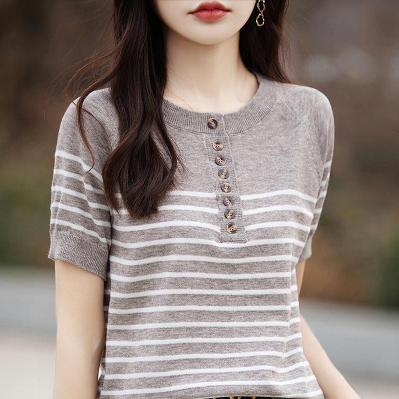 Женская вязаная футболка MODERN NEW SAGA, летняя вязаная рубашка, полосатые футболки с короткими рукавами, пуловер с круглым вырезом, вязаные топы