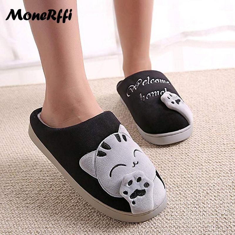 Парные зимние домашние тапочки, женская обувь, милые тапочки с рисунком кота, мужские теплые плюшевые шлепанцы, домашние нескользящие тапочки для спальни
