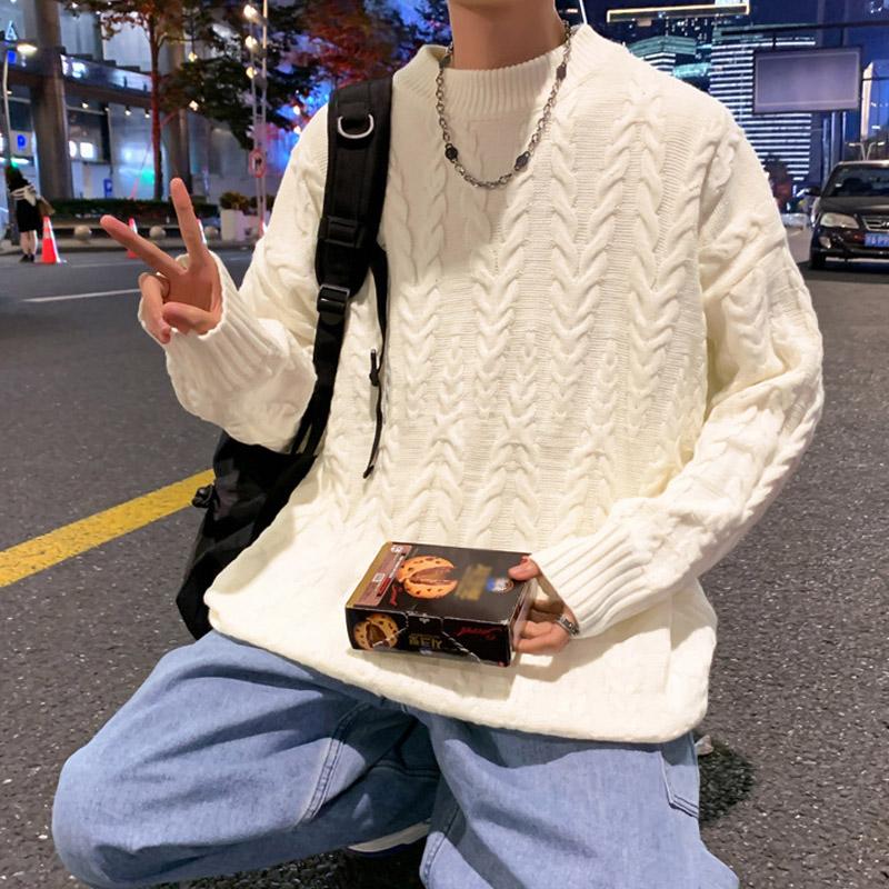 Новейшая мужская модная одежда Вязаный свитер из флиса Весна Осень Свободные однотонные подростковые топы для мужчин Пуловер с длинным рукавом Толстые мужские свитера