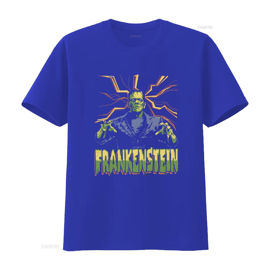Universal Monsters Frankenstein Lightning Background Black Adult T Shirt vintage Washed fashion homme Versatile Stretched
