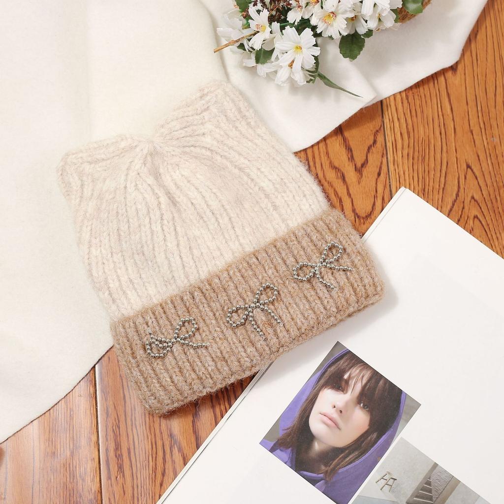 New autumn and winter wool hat female cute cat ears bow warm thickened cold ear protection knitted hat