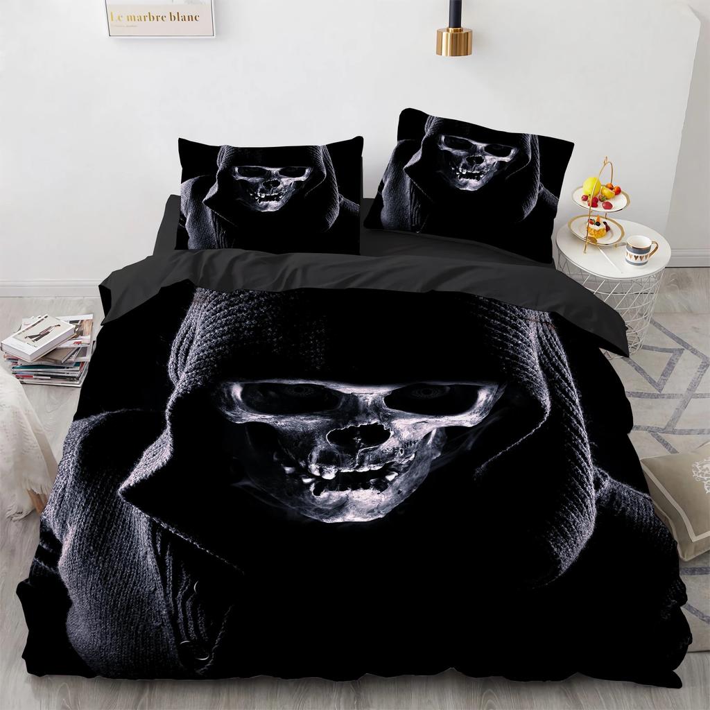 Комплект постельного белья Black Hat Skull Queen Size Хэллоуин Комплекты пододеяльников Современный стиль Спальный комплект постельного белья Чехол для одеяла Наволочки