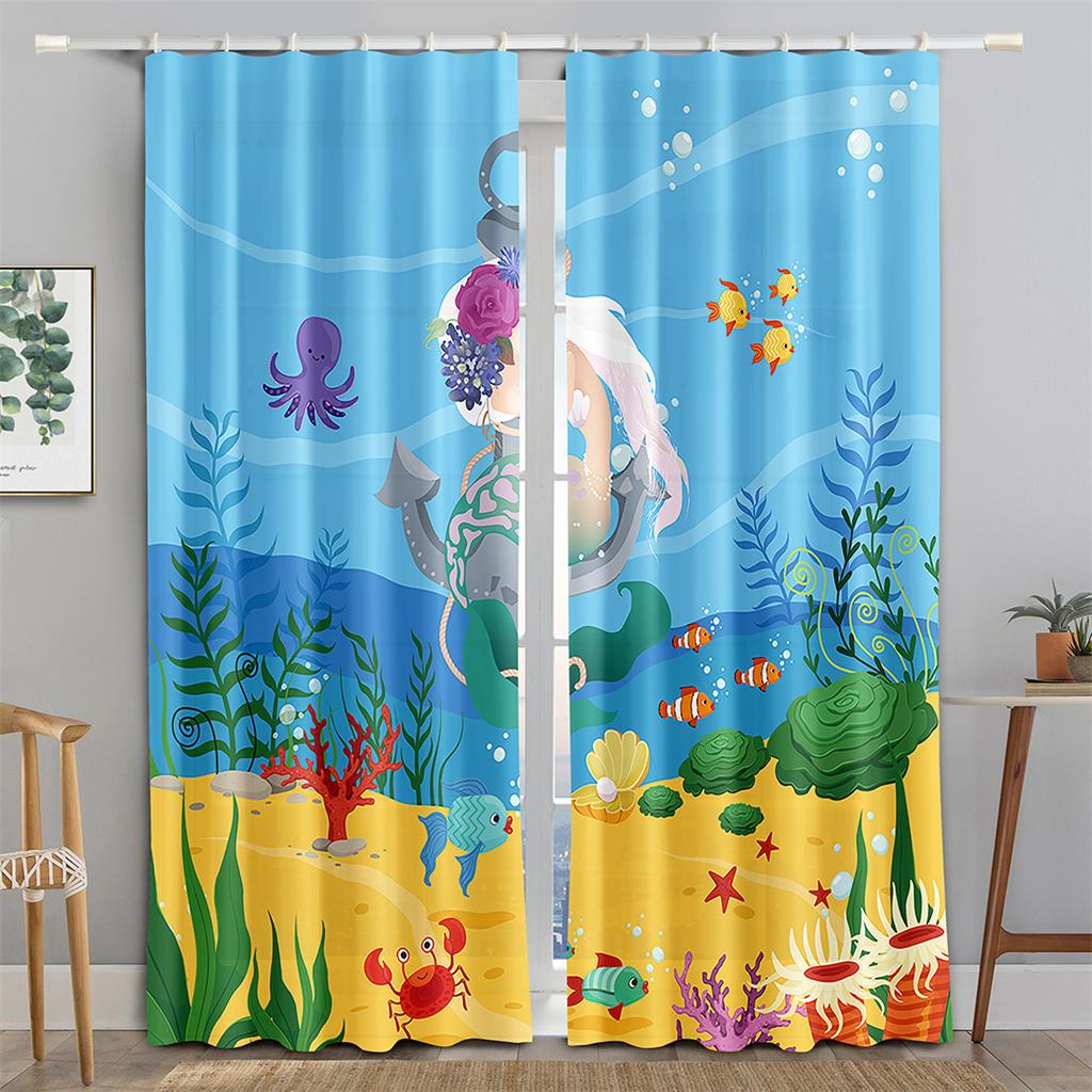 Children's Favorite Underwater World Animal Mermaid Shade Curtain Living Room Bedroom Baby Room Decor Cortina 2 Panels