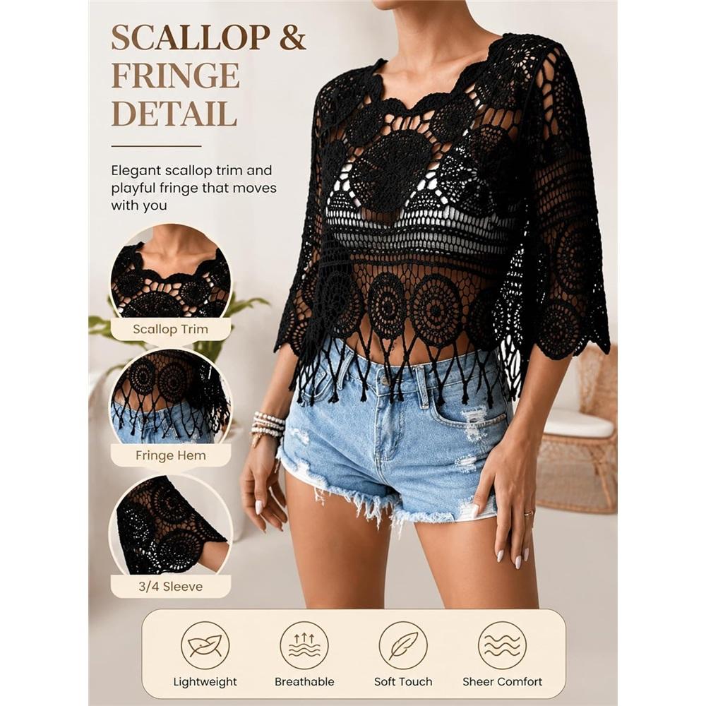 Women's Plain Fringe Trim Cut Out Sheer Cover Up-Boho Scallop Trim 3/4 Sleeve Beach Sarong for Vacation Poolside