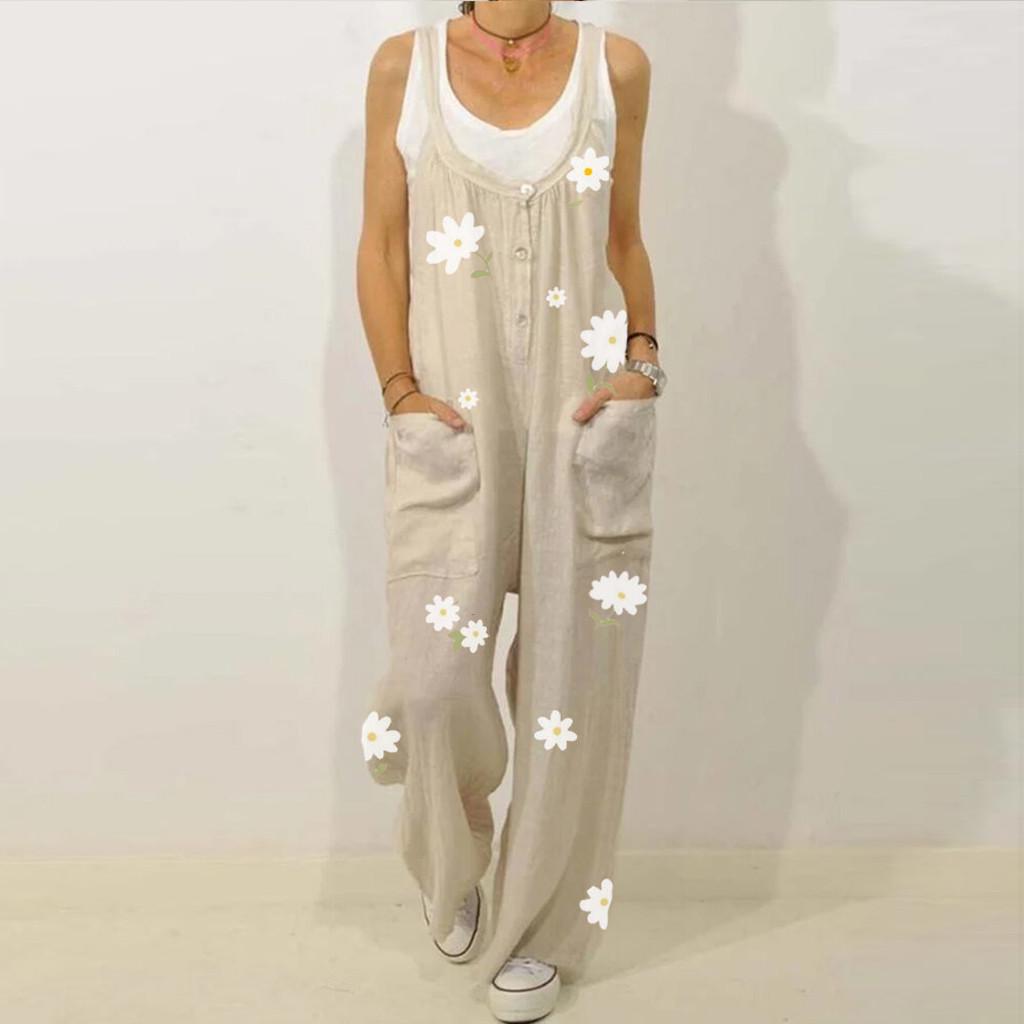 Женский повседневный комбинезон с цветочным принтом и круглым вырезом, длинный комбинезон с карманами