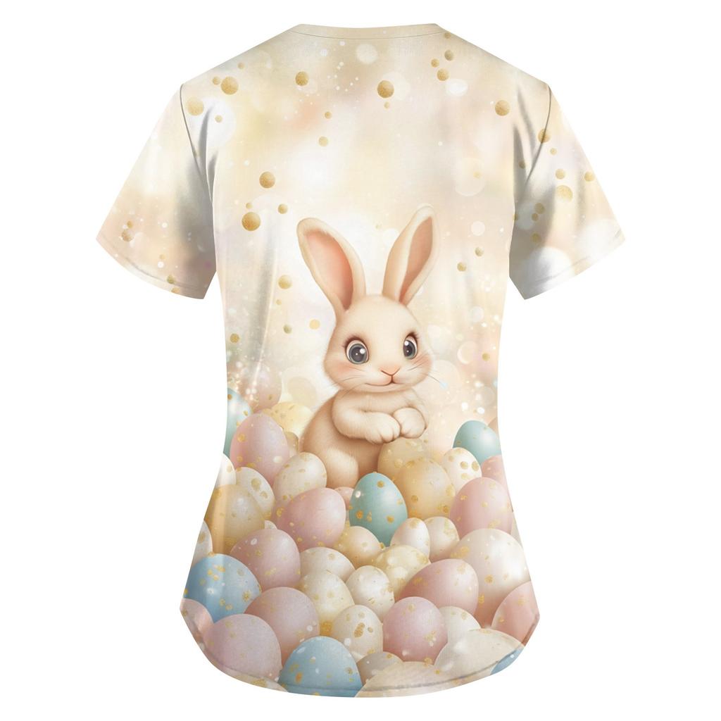 Женская мода V-образный вырез короткий рукав комбинезон с карманами пасхальный принт топы одежда