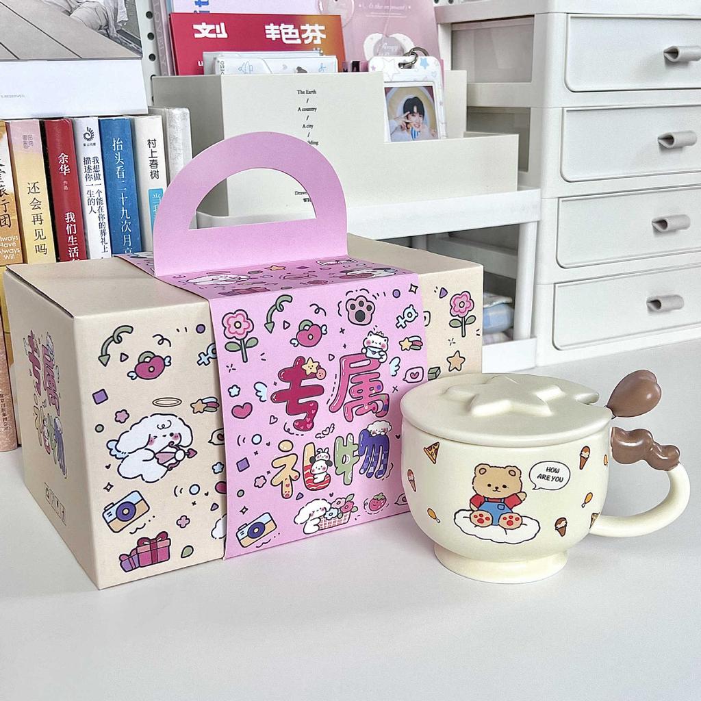 Birthday Gift for Girlfriends Cute Bear and Rabbit Ceramic Mug with Lid Girlfriend Practical Souvenir Gift Box