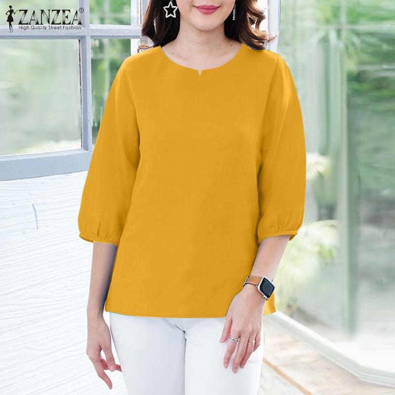 ZANZEA Женская повседневная однотонная свободная блузка с V-образным вырезом и рукавом 3/4