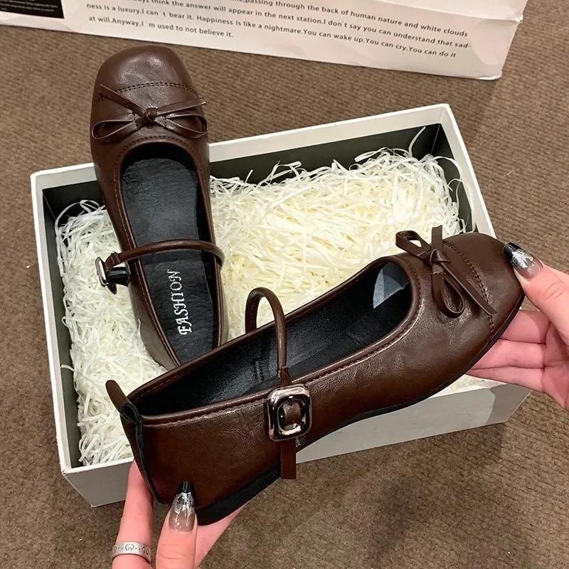 Elegant Women Shoes 2025 Mary Janes Women's Flats Daily Dress Ladies Bow Tie Shallow Buckle Strap Soft Bottom Outdoor Flat Pumps
