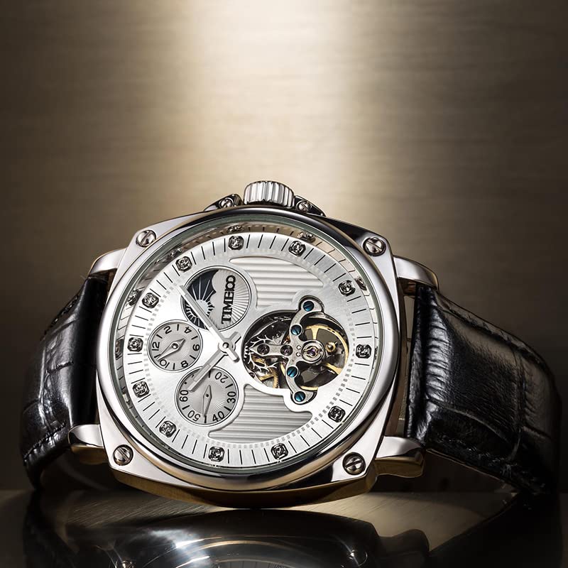 TIME100 Популярные часы Часы Автоматические механические Модные водонепроницаемые сплав Черный кожаный ремень Офисный работник Взрослый мужественный Time100 Коллекция Серебряный