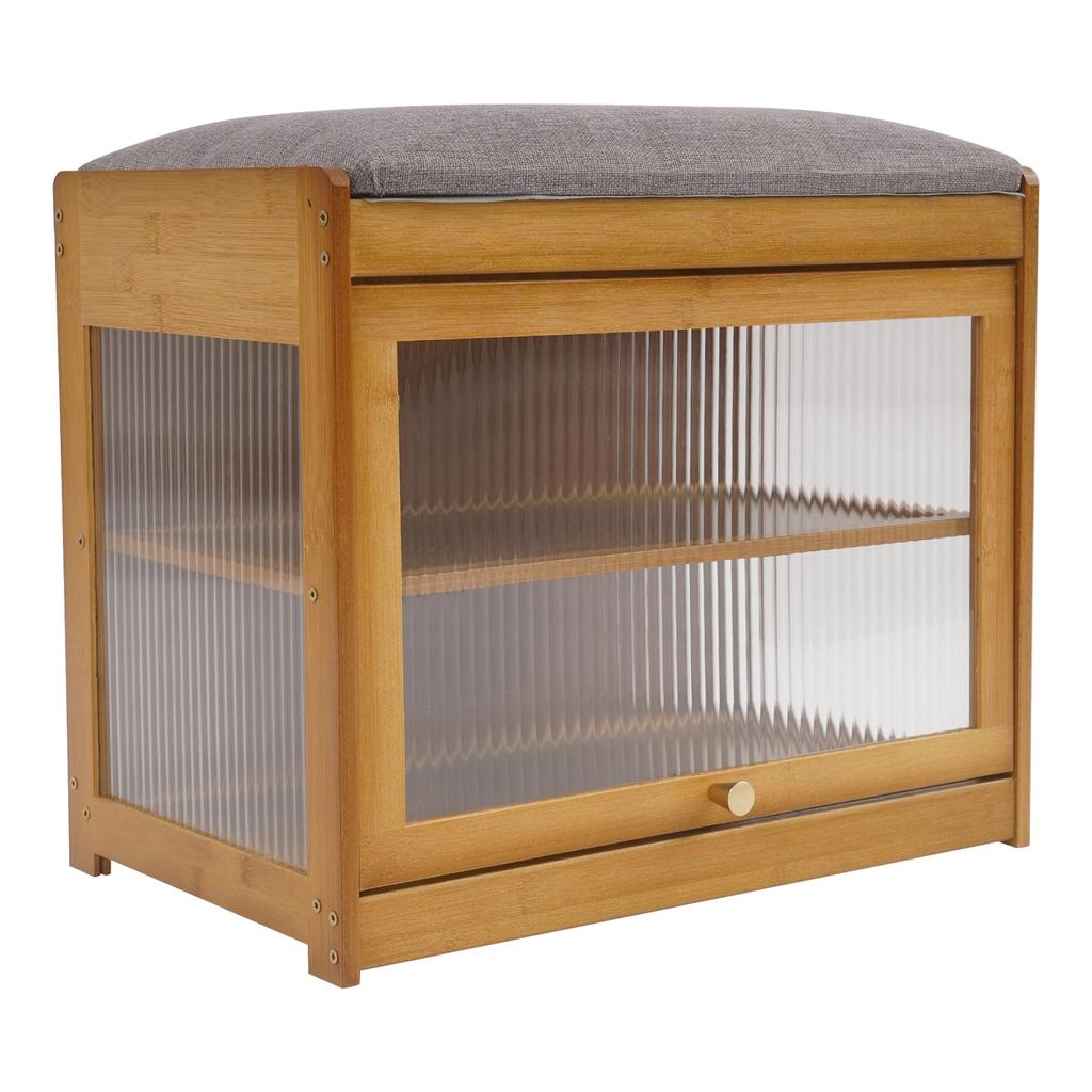 2-Tier Shoe Bench with Cushion, Sturdy Bamboo Shoe Storage Stool for Entryway, Hallway – Brown/Black/Log Color