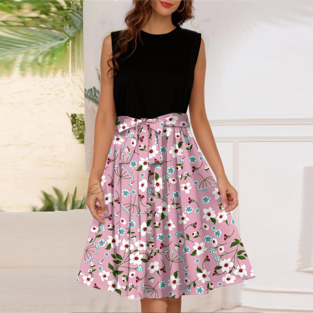 Женское модное повседневное короткое платье без рукавов со шнуровкой и круглым вырезом