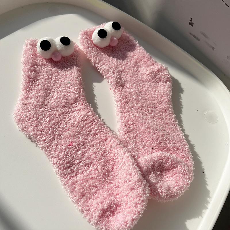Мультяшные носки с большими глазами для женщин, кавайные милые пушистые плюшевые напольные носки, зимние утолщенные теплые носки из кораллового флиса, женские забавные носки