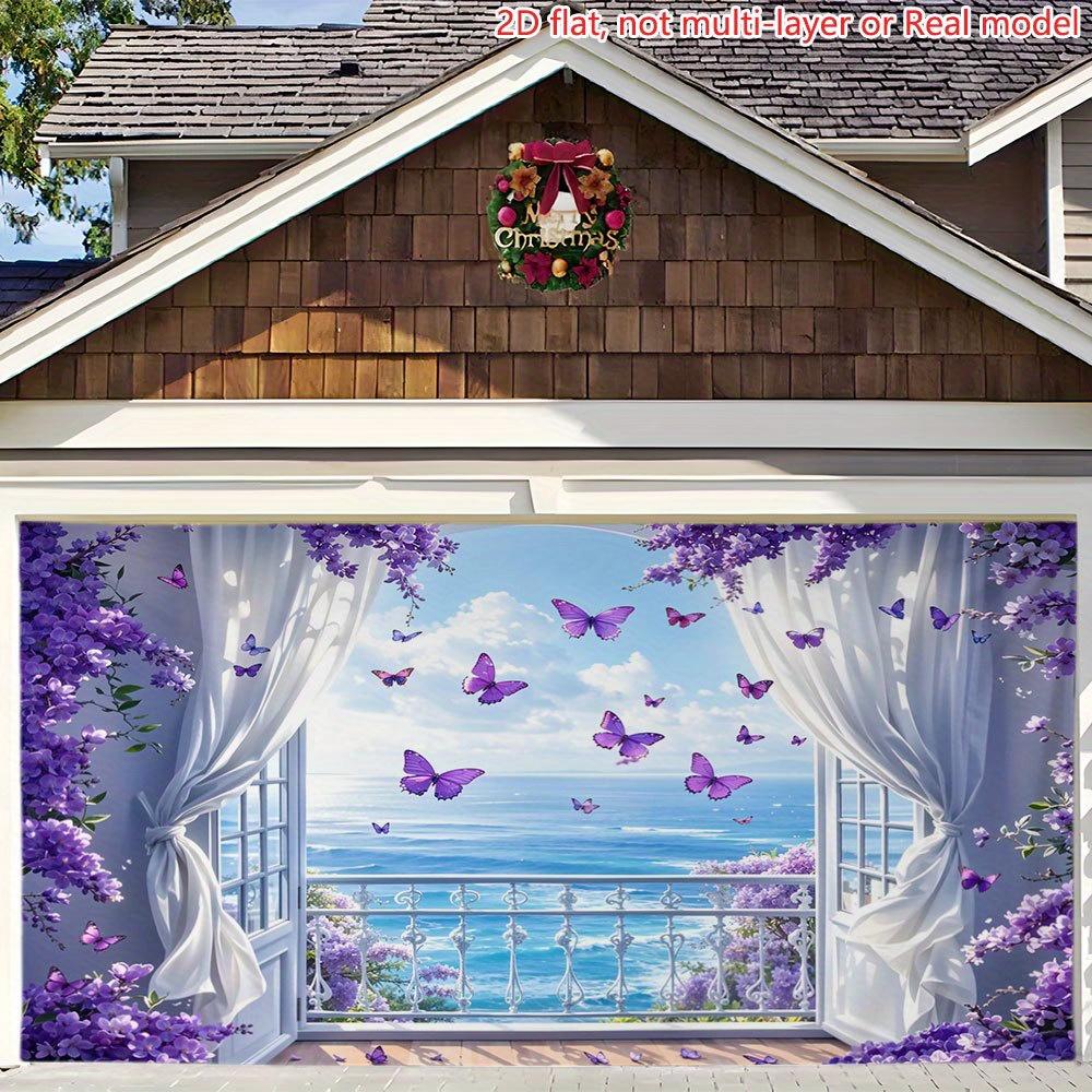 2D plane, purple lilac butterfly and seaside window ledge party backdrop fabric, suitable for various parties, polyester fiber