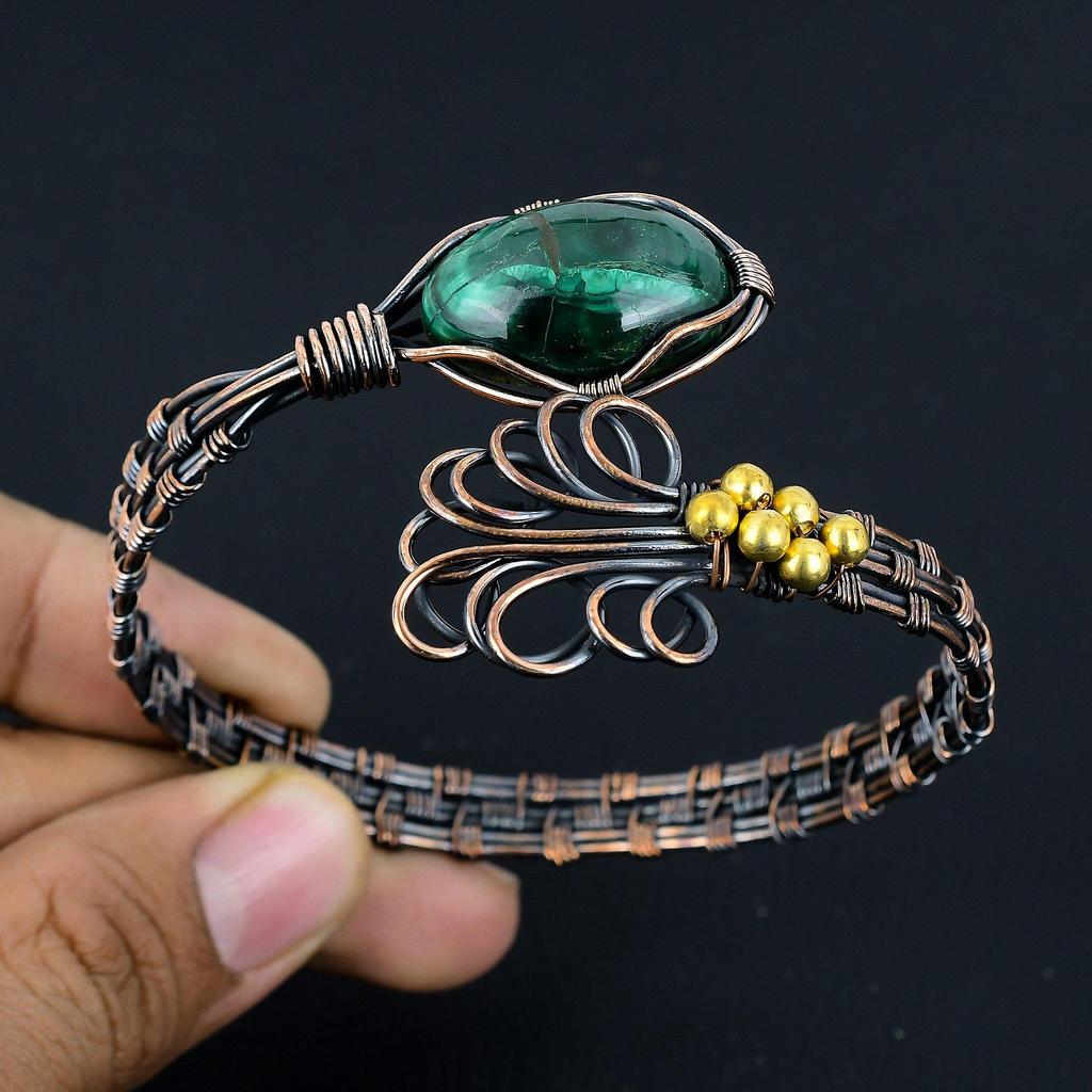 Малахитовый браслет-манжета, Браслет из драгоценного камня ручной работы, Антикварное украшение, обернутое медной проволокой 999 пробы, Для подарка на помолвку