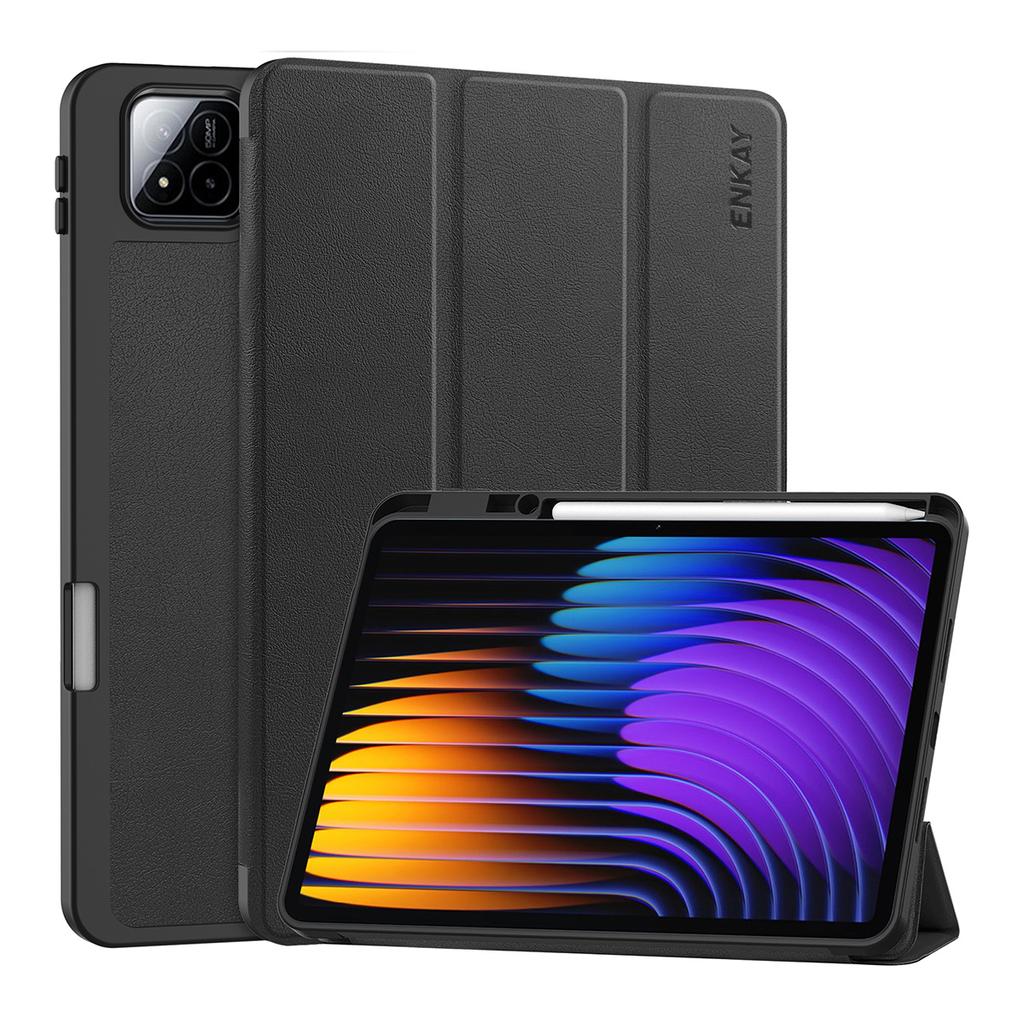 For Xiaomi Pad 7 Pro/Xiaomi Pad 7 ENKAY Tri-Fold Stand Tablet Case PU Leather+TPU Smart Cover with Pencil Holder