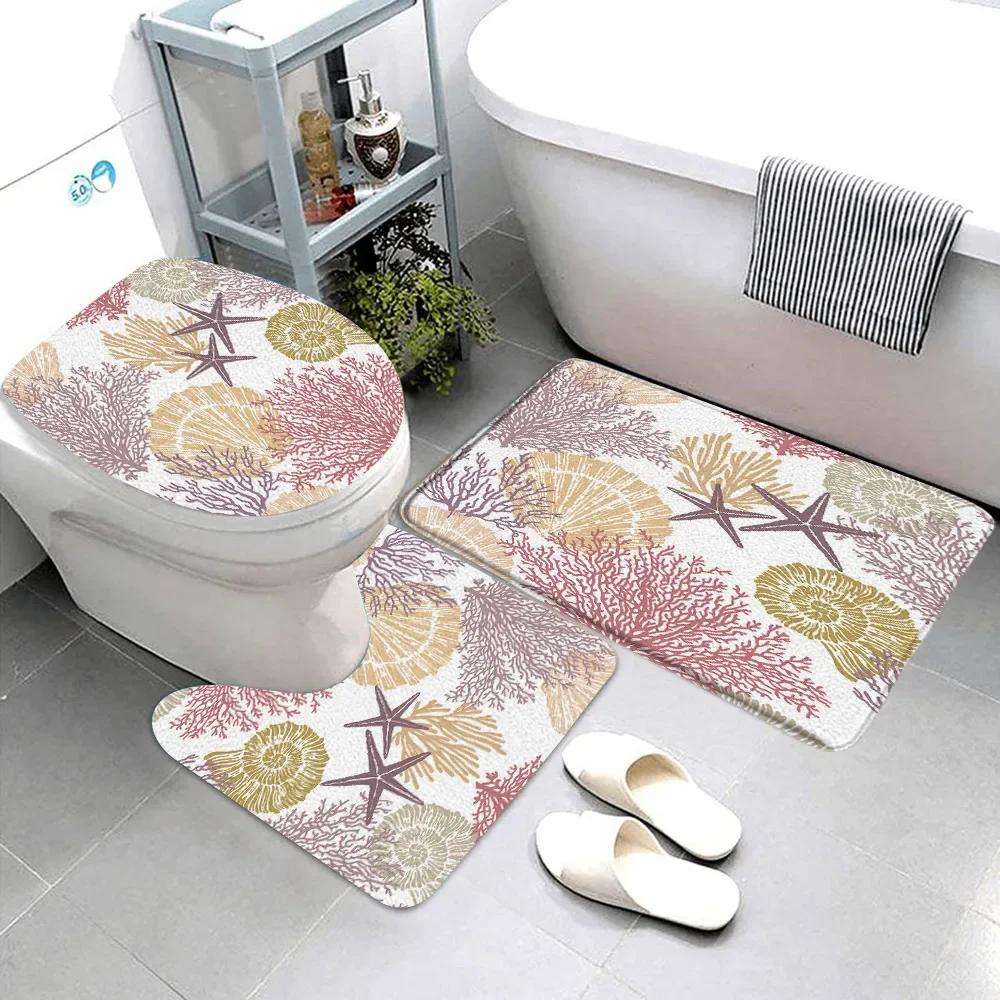 Starfish Seashell Coral Beach Theme Bathroom Rug Set Nautical Coast Underwater Creature Pattern Bath Mat Toilet Mat Bathtub Deco