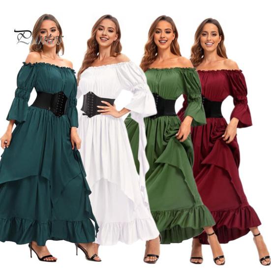 Платье на Хэллоуин Винтажное ренессансное средневековое викторианское пиратское платье Бальное платье для выпускного вечера с открытыми плечами и рукавами-колокольчиками с рюшами и плиссировкой Нерегулярный подол Макси-платье