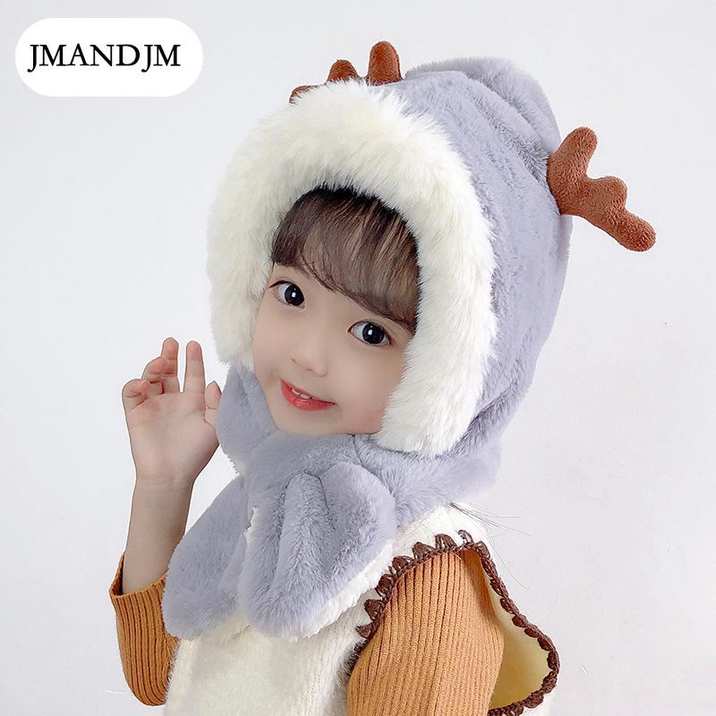 Winter Children's Hats Boys and Girls Scarves Integrated Plush Hats Cute Baby Antlers Fleece Ear Hats Tide