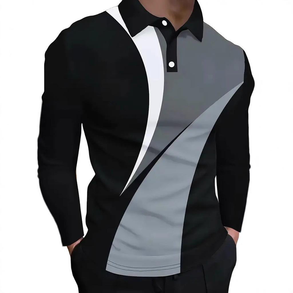 Long Sleeve Striped Polo Shirt, Stylish Casual Top for Men
