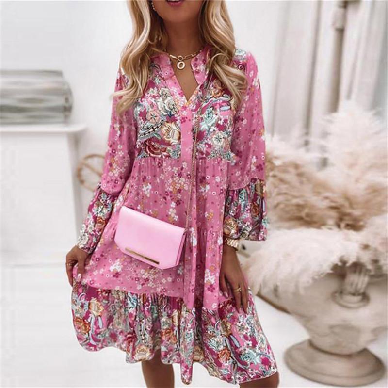 Women's Dress Bohemian Floral Printed V Neck Mini Dresses Casual Loose Elegant Flare Sleeve Lady Beach Holiday Dress