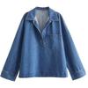 Spring and Autumn Fashion Women's Loose Pullover Lapel Long-sleeved Denim Top