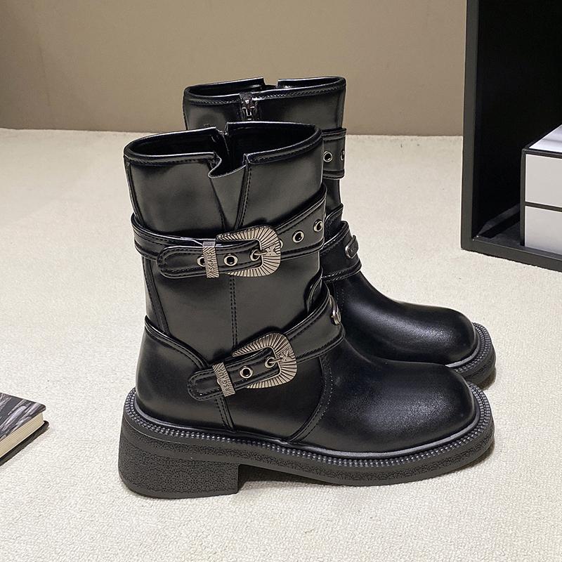 Модные женские ботинки Botas с круглым носком и длиной до середины голени в стиле ретро с пряжкой на ремне, короткие ботинки на осень-зиму в стиле панк для мотоциклистов