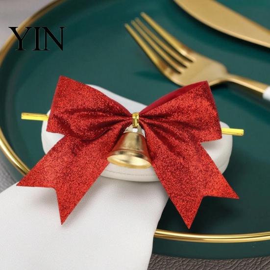 Decorative Bows with Bells 2 Pcs Christmas Bell, 4 Inch Glitter Ribbon Bows, Pre Tied Hanging Holiday Ornaments Xmas for Gift Wrapping, Wreath, Tree,