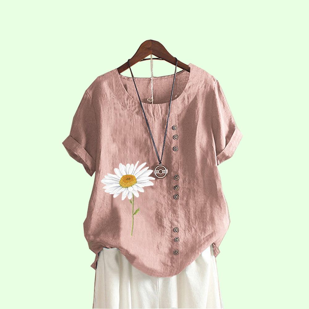 Женская мода блузки с принтом Повседневная футболка с коротким рукавом Летняя свободная рубашка с круглым воротником большого размера