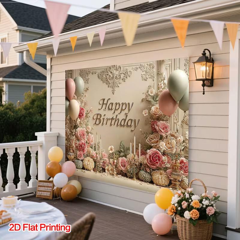 2D Elegant Floral Birthday Backdrop, Retro Ornate Wall Banner, Adult Birthday Party Decor