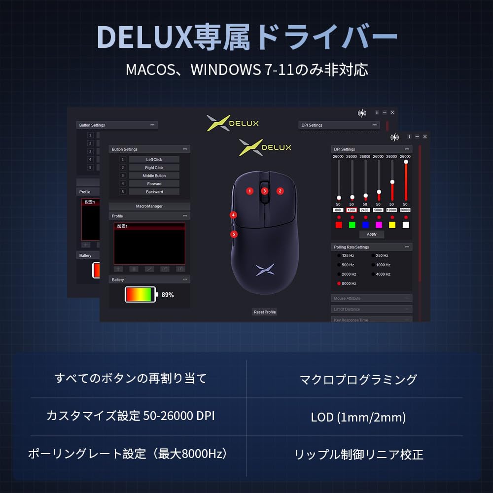 DELUX M500PRO Wireless Gaming Lightweight 8000Hz Polling Small PAW3395 Sensor 100 Million Click Magnetic Charging Base Mouse, (58.5g), Rate, Hand,