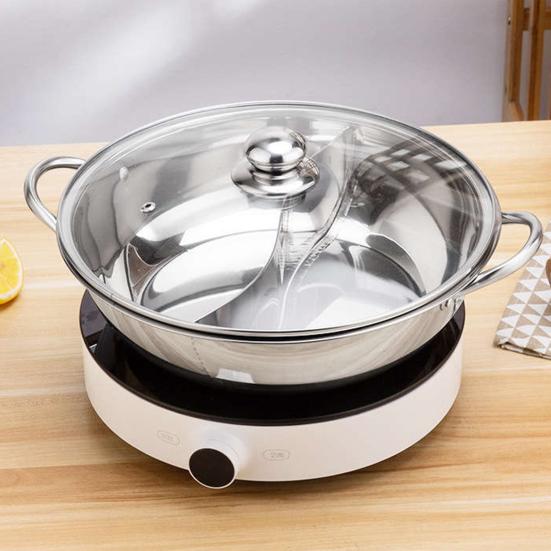 1 Set 30cm Double-Flavoured Pot with Lid Binaural Anti-scalding Stainless Steel Induction Cooker Compatible Single-layer Thicken Soup Hot Pot