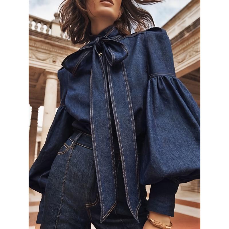 Модная женская джинсовая рубашка в европейском стиле 2025 года с завязкой-бабочкой
