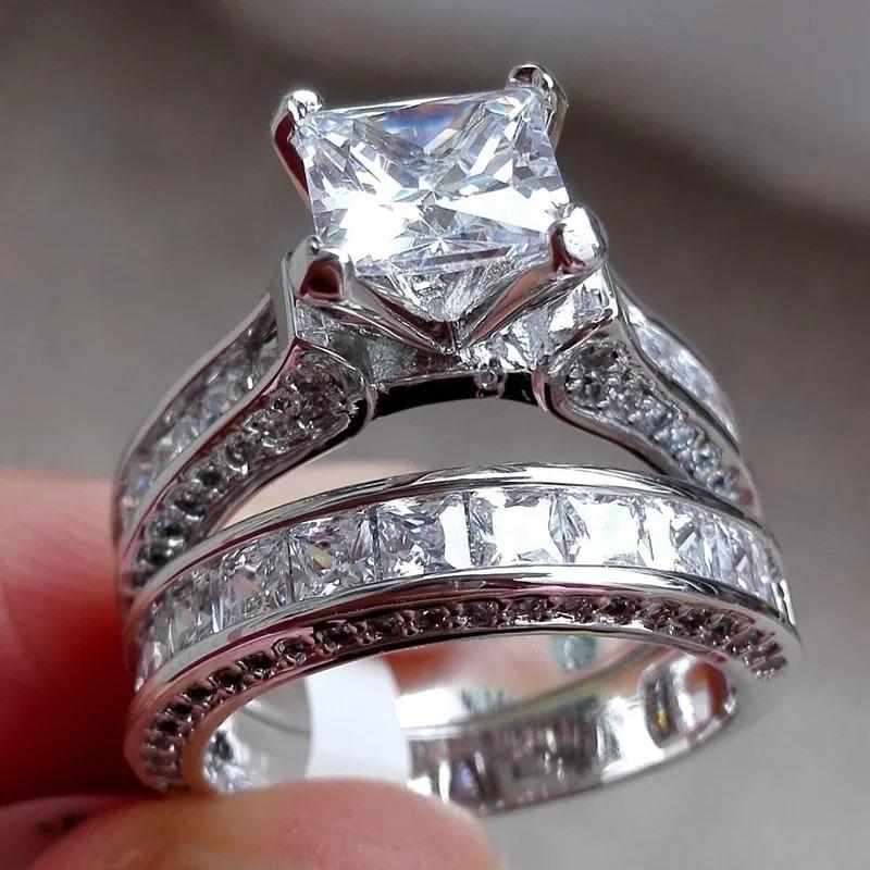 2Pcs/set Fashion Bridal Set Elegant Rings for Women Wedding Engagement Jewelry With Full Shiny Crystal Zircon Female Ring