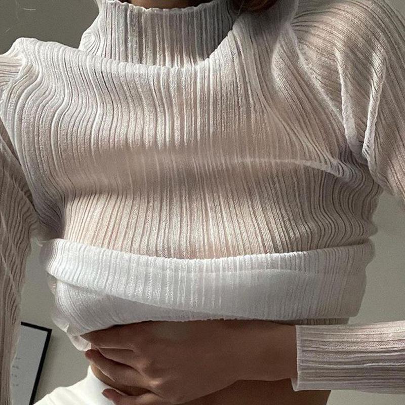 Fall Elegant See Through Long Sleeve Mock Neck Women Tops Fashion Streetwear Sexy T-Shirts Tees Slim Clothes