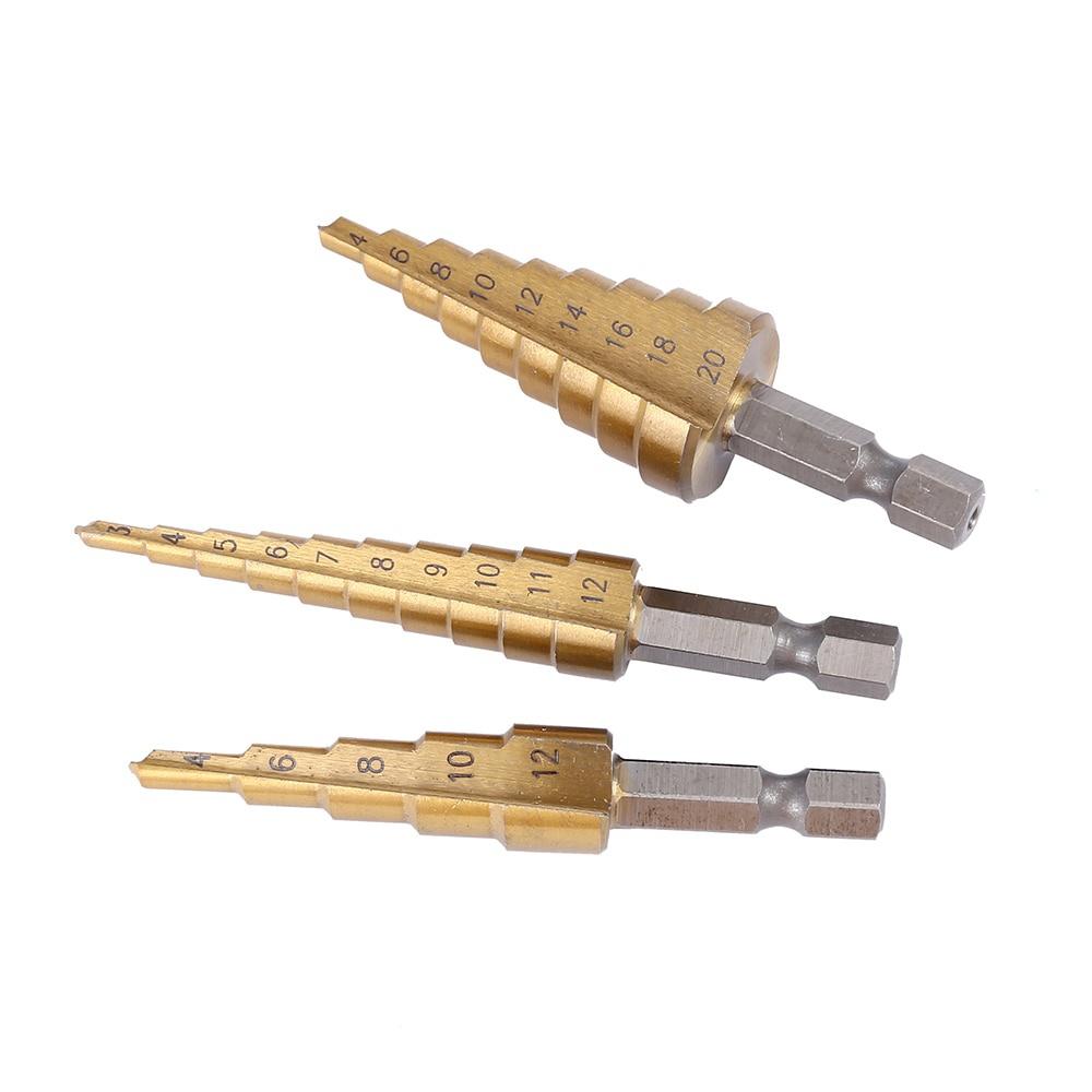 3pcs HSS Titanium Coated Step Drill Bit 4-12 4-20 4-32 Drilling Power Tools Metal High Speed Steel Wood Hole Cutter Cone Drill