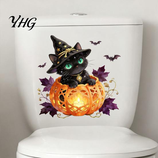 Creative Holiday Wall Murals Halloween Black Cat Witch Toilet Decals, Self-Adhesive Bat Cover Removable Waterproof Bathroom Decor Seat Stickers,