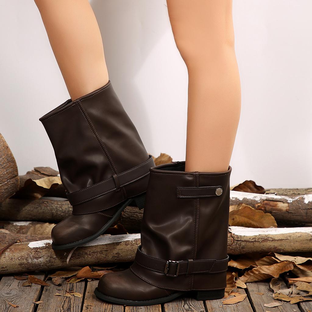 Thick Heel Women Western Cowboy Boots Fashion Belt Buckle Slip On Shoes Ladies Vintage Pleated Short Booties