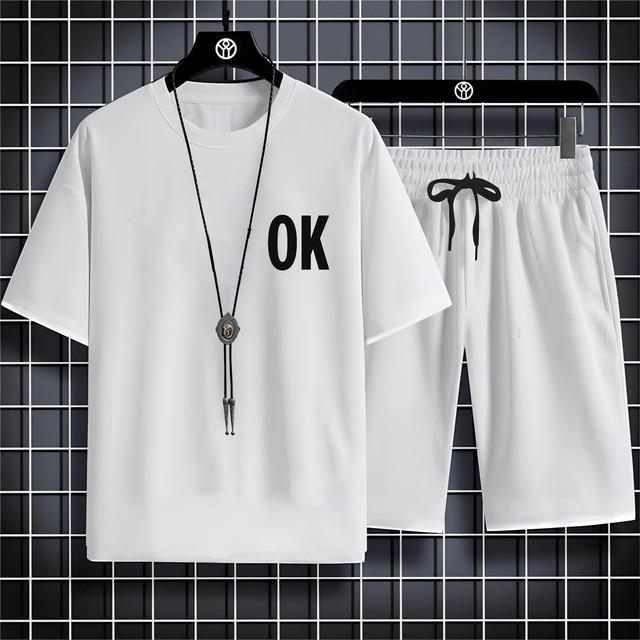 Four Seasons New Outdoor Sports Style 2d Letter Ok Printed Men'S O-Collar Comfortable Breathable Casual T-Shirt Set Quick Drying