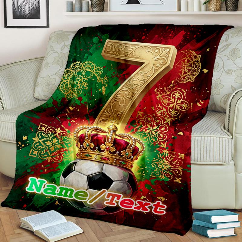 1PC Custom Name Golden Number Seven Crown Soccer Ball outdooor Flannel blankets Throw Blanket All-Season Throw Gift Bedspread for Couch, Bed, Camping