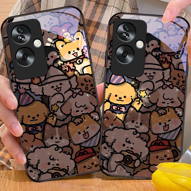 Светящийся котенок для Oppo A79 5G 58 78 74 60 4G Reno 11F Realme GT 6 11 Note 50 10 C55 X2 Закаленное стекло Черный чехол для телефона
