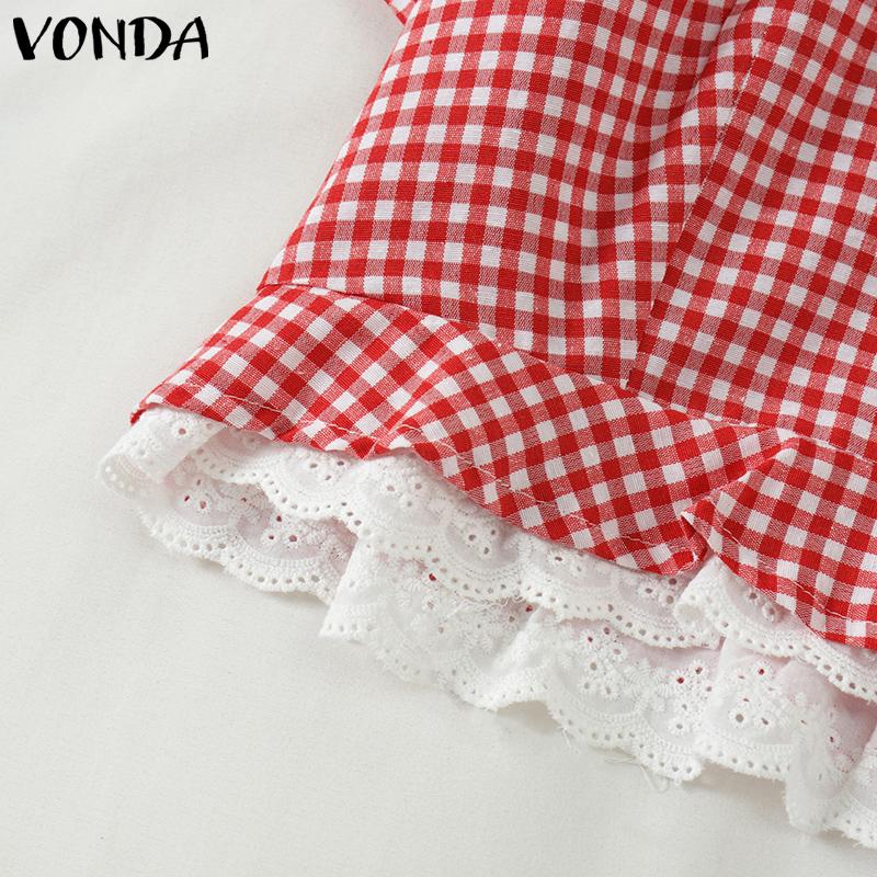 VONDA Женские летние кружевные блузки с квадратным вырезом в клетку с коротким рукавом и пузырьками