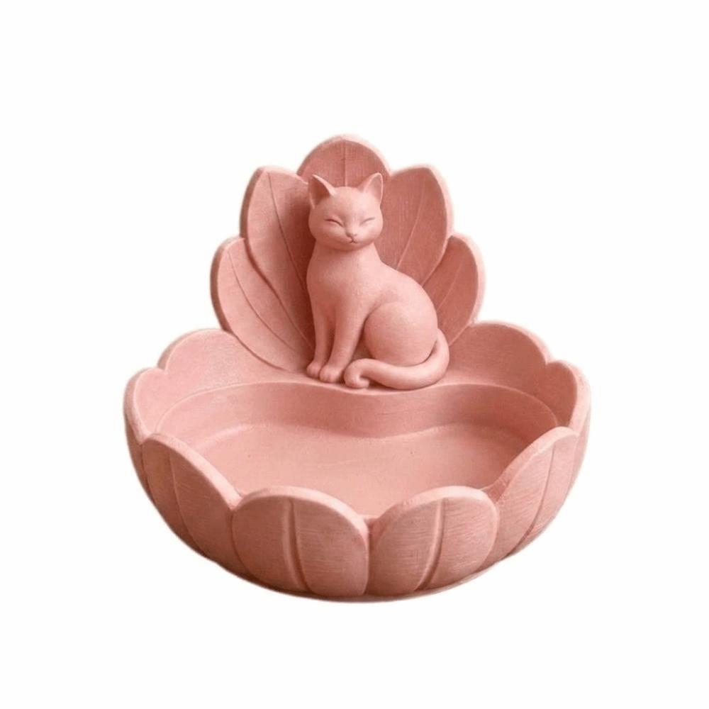 Lotus Shape Trinket Dish Resin Material Desktop Organizer Cat Figurine Holder Vanity Table Decor